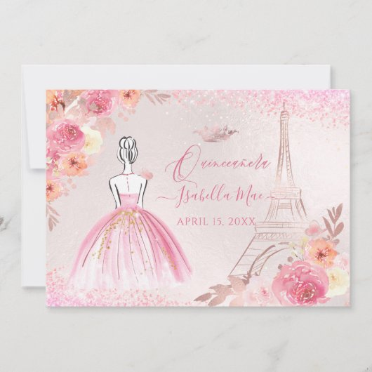 Invitation PixDezines Rose Gold Tour Eiffel Quinceanera (Devant)
