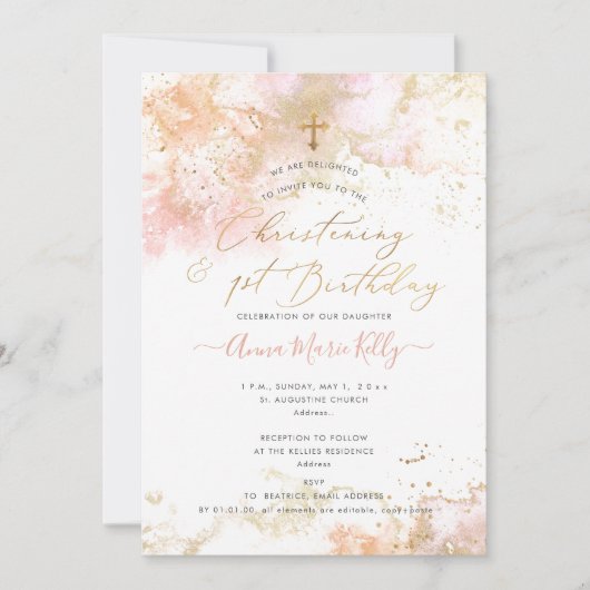 Invitation PixDezines Rose H2 Christening+1er Anniversaire In (Devant)