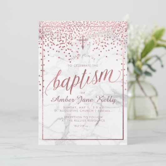 Invitation PixDezines Roses de marbre+Faux points d'or/Baptêm (Debout devant)