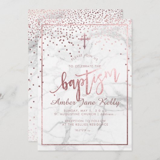 Invitation PixDezines Roses de marbre+Faux points d'or/Baptêm (Devant / Derrière)
