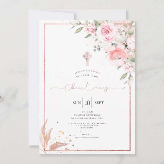 Invitation PixDezines Roses rose saumon baptême (Devant)