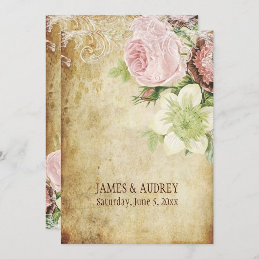 Invitation PixDezines roses vintages/parchemin (Devant / Derrière)
