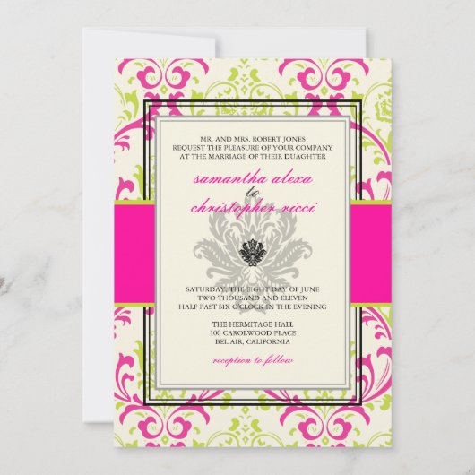 Invitation PixDezines Rossi, Damask / Lime+Fuschia (Dos)