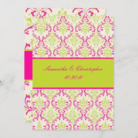 Invitation PixDezines Rossi, Damask / Lime+Fuschia (Devant / Derrière)