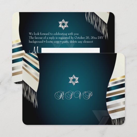 Invitation PixDezines RSVP Mitzvah/tallit turquoise/arrière - (Devant / Derrière)