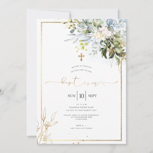Invitation PixDezines Rustic Watercolor Eucalyptus Baptism (Devant)