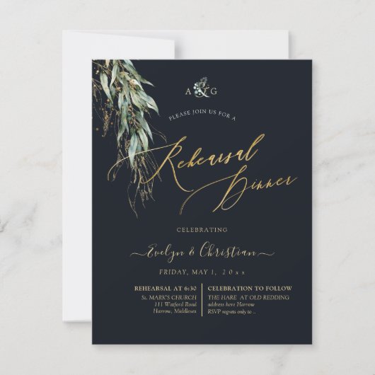 Invitation PixDezines Rustic Willow Eucalyptus Navy n Gold (Devant)
