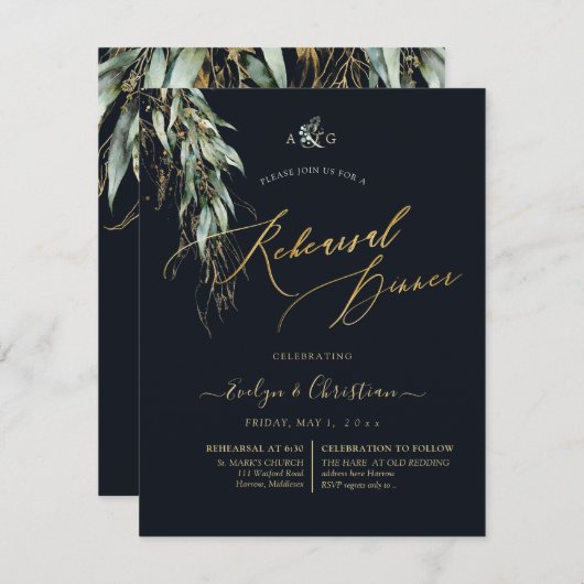 Invitation PixDezines Rustic Willow Eucalyptus Navy n Gold (Devant / Derrière)