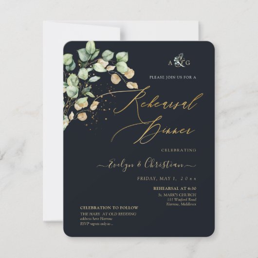 Invitation PixDezines Rustique Dollar Eucalyptus Navy et Or  (Devant)