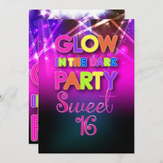 Invitation PixDezines Sweet 16, Laser Lights/Glow Party (Devant / Derrière)