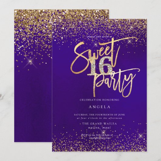 Invitation PixDezines Sweet 16 Parties scintillant Diamond Or (Devant / Derrière)