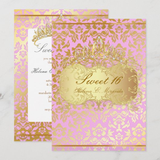 Invitation PixDezines SWEET 16/PRINCESS/PINK+GOLD TONE DAMASK (Devant / Derrière)