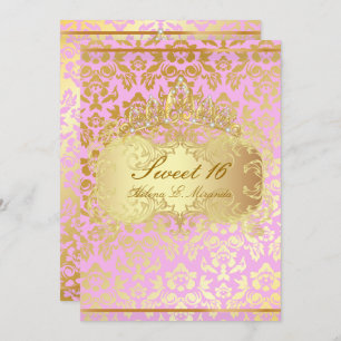 Invitation PixDezines SWEET 16/PRINCESS/PINK+GOLD TONE DAMASK