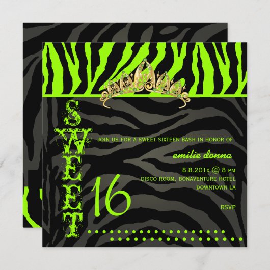 Invitation PixDezines Sweet 16/Zebra Stripes (Devant / Derrière)