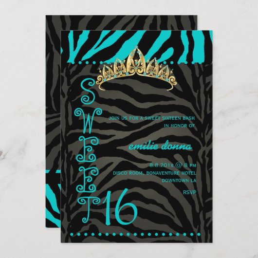Invitation PixDezines Sweet 16/Zebra Stripes (Devant / Derrière)
