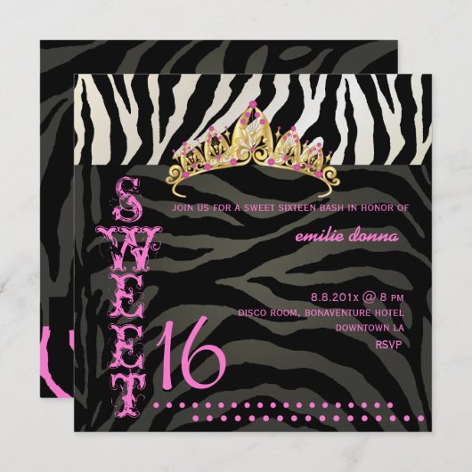 Invitation PixDezines Sweet 16/Zebra Stripes (Devant / Derrière)