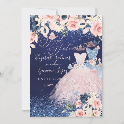 Invitation PixDezines Twins Sweet 16 Dusty Blue+Blush Invitat (Devant)