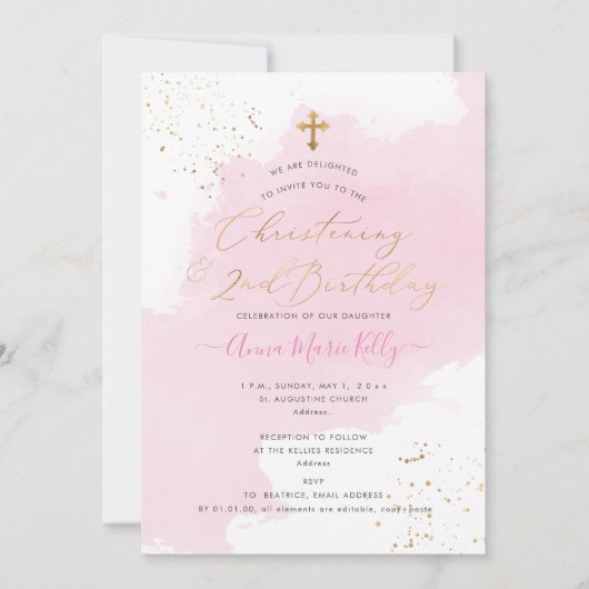 Invitation PixDezinesAquarelle rose Christening 2e anniversai (Devant)
