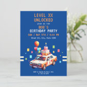 Invitation Pixel Blue & Orange Jeu de Voiture Anniversaire (Debout devant)