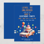 Invitation Pixel Blue & Orange Jeu de Voiture Anniversaire (Devant / Derrière)