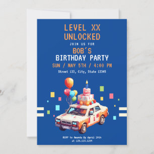 Invitation Pixel Blue & Orange Jeu de Voiture Anniversaire