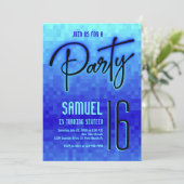 Invitation Pixel de Néon Bleu Ado Anniversaire (Debout devant)