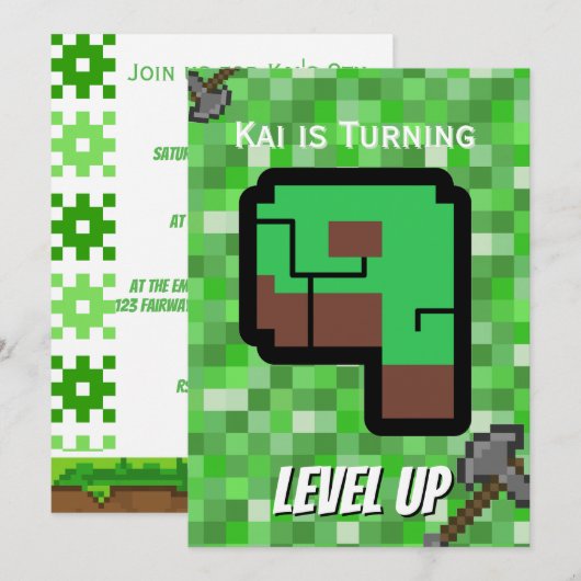 Invitation Pixelated Gamer Green Building Level Up 9 (Devant / Derrière)