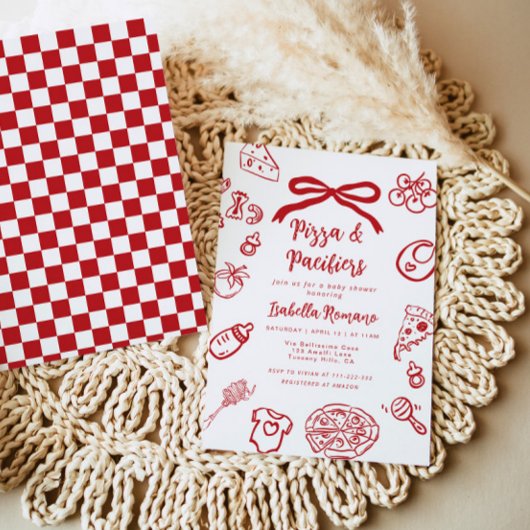 Invitation Pizza and pacifiers Italian theme Bow Baby Shower
