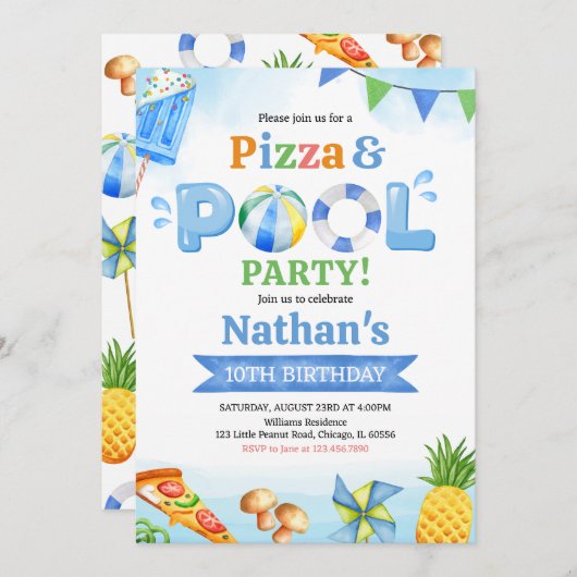 Invitation  Pizza and Pool Birthday Party (Devant / Derrière)