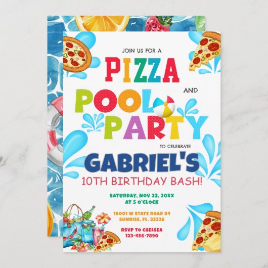 Invitation Pizza and Pool Party Piscine Anniversaire Invitati (Devant / Derrière)