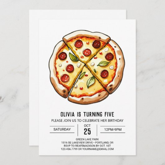 Invitation Pizza au fromage d'aquarelle (Devant / Derrière)