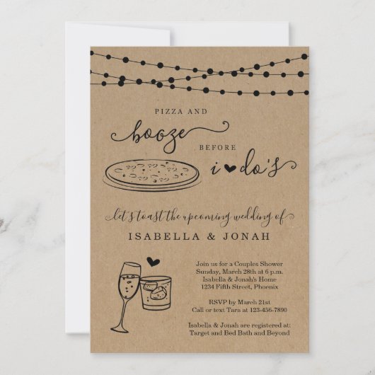 Invitation Pizza & Booze avant le Wedding shower de Dos Coupl (Devant)
