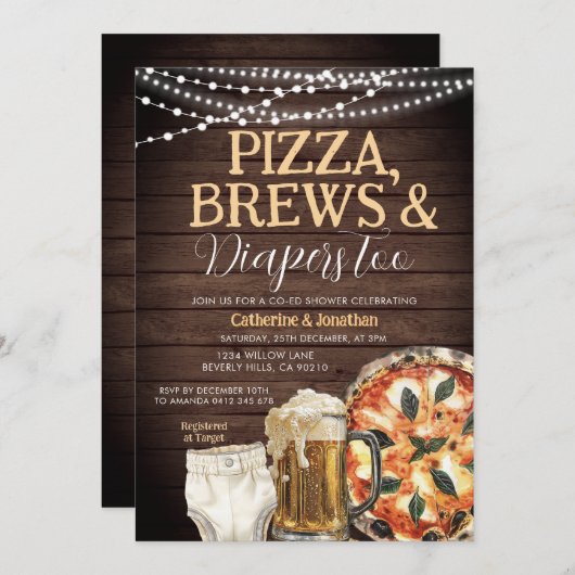 Invitation Pizza, Brews & Diaports aussi, Baby shower Bois (Devant / Derrière)