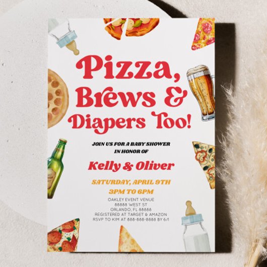 Invitation Pizza Brews et Diapers aussi ! Baby shower