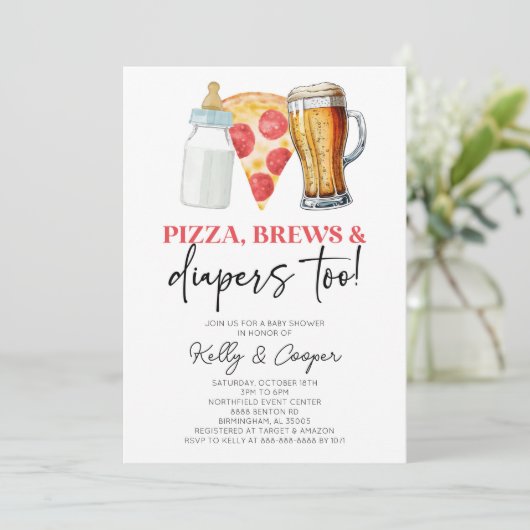 Invitation Pizza Brews et Diapers aussi ! Baby shower (Debout devant)