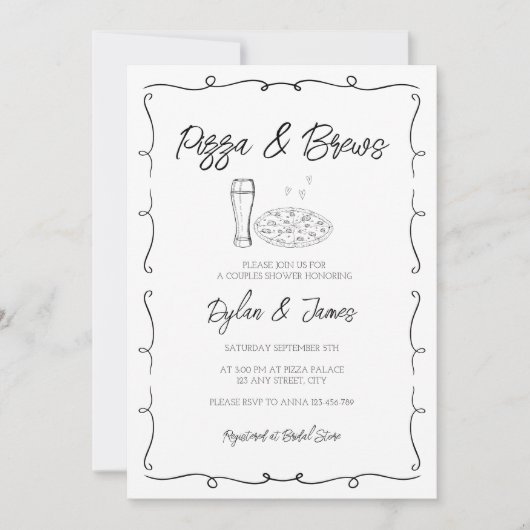 Invitation Pizza & Brews Whimsical Main Draples Couples Douch (Devant)