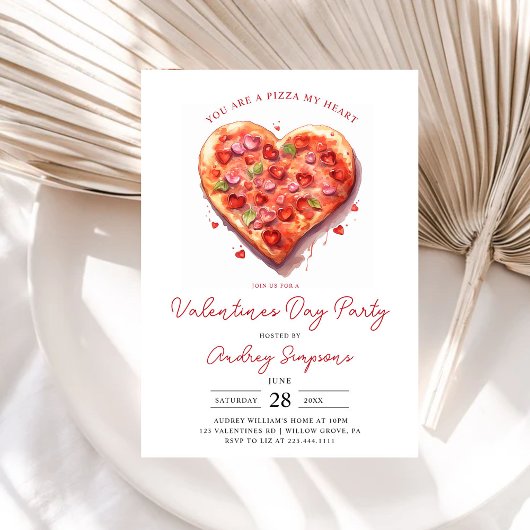 Invitation Pizza Coeur Rose moderne Valentines Party