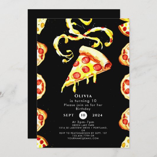 Invitation Pizza colorée mignonne anniversaire (Devant / Derrière)