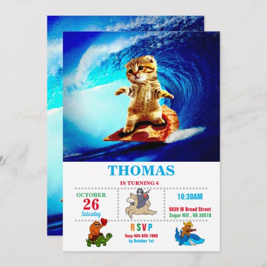 Invitation Pizza de surf de chat (Devant / Derrière)