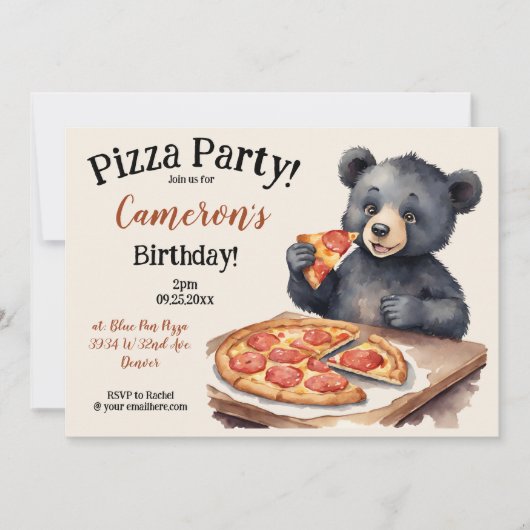 Invitation Pizza d'ours de bois mignonne fête d'anniversaire (Devant)
