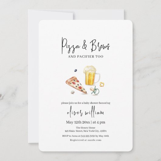 Invitation Pizza en tranches rustiques & Bières & Baby shower (Devant)