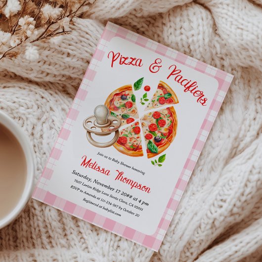 Invitation Pizza et Pacificateurs Baby shower rose