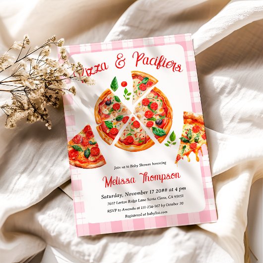 Invitation Pizza et Pacificateurs Pink Plaid Baby shower Part