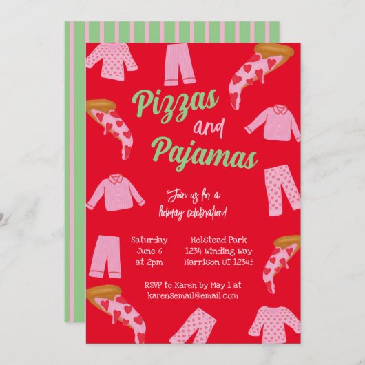 Invitation Pizza et Pyjama Party (Devant / Derrière)
