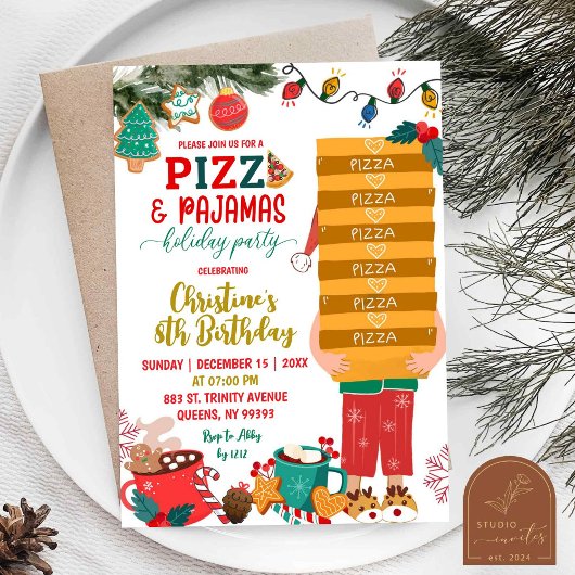 Invitation Pizza et Pyjamas Anniversaire de Noël