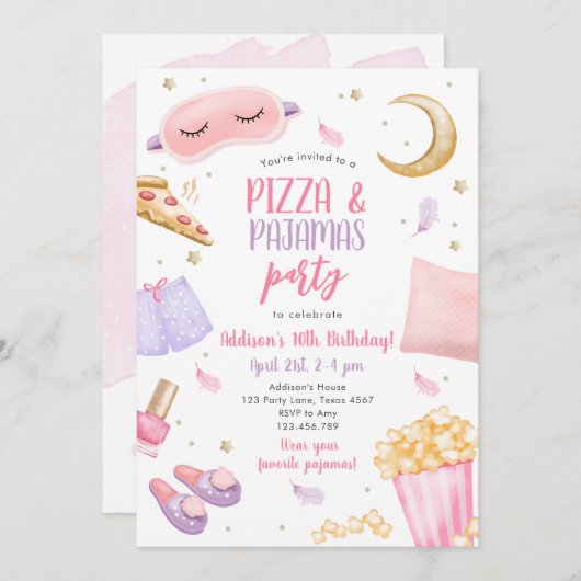 Invitation Pizza et pyjamas couchette fête du bois d'oeuvre (Devant / Derrière)