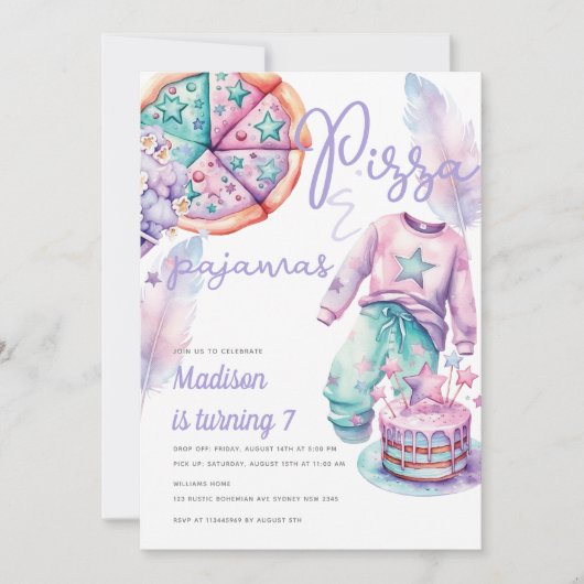 Invitation Pizza et pyjamas d'anniversaire (Devant)