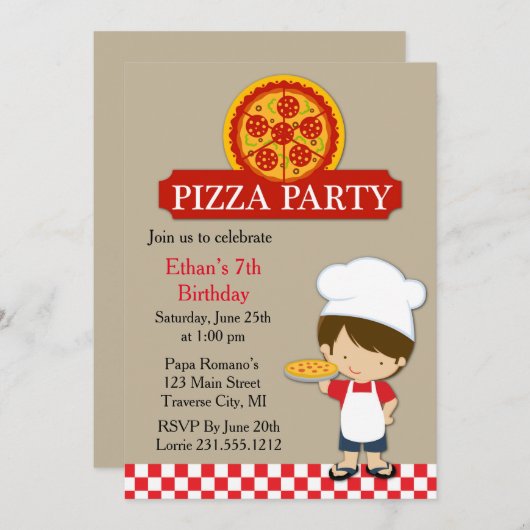 Invitation Pizza fête anniversaire garçon (Devant / Derrière)