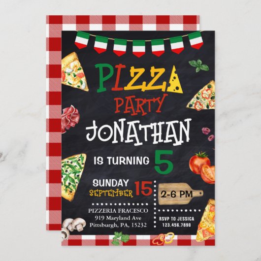 Invitation Pizza fête d'anniversaire (Devant / Derrière)