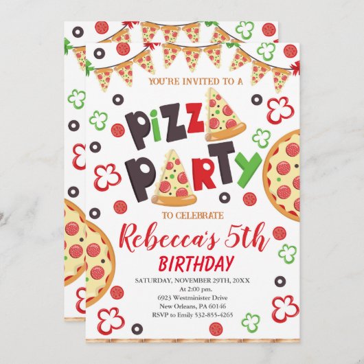 Invitation Pizza fête d'anniversaire, tranche d'Anniversaire (Devant / Derrière)